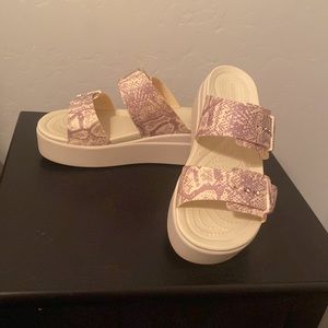 Crocs; Brooklyn Snake Print Buckle Low Wedge; Size 7